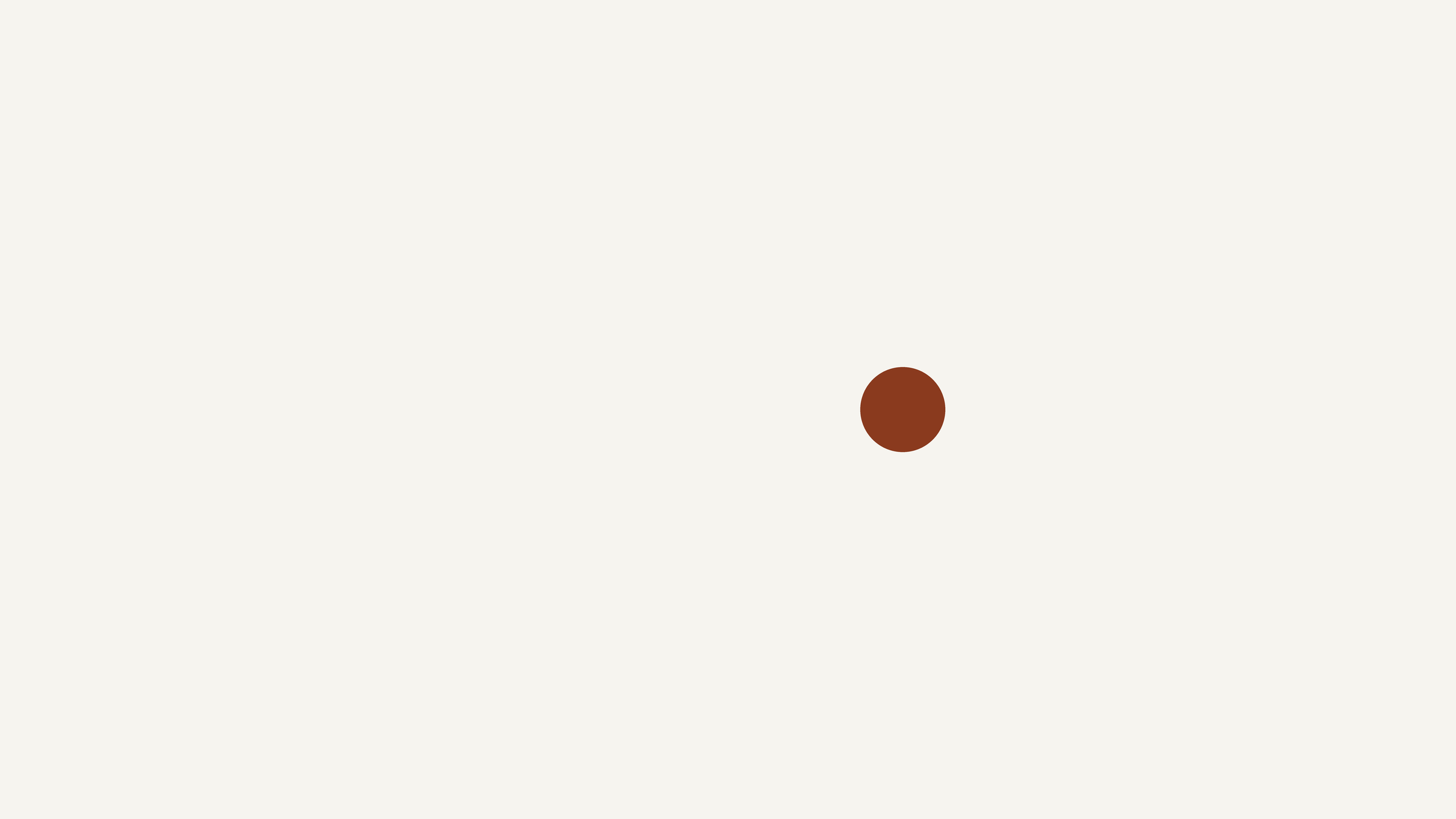 A vast field of quiet white space with a single burnt-sienna dot, the essence of 여백.