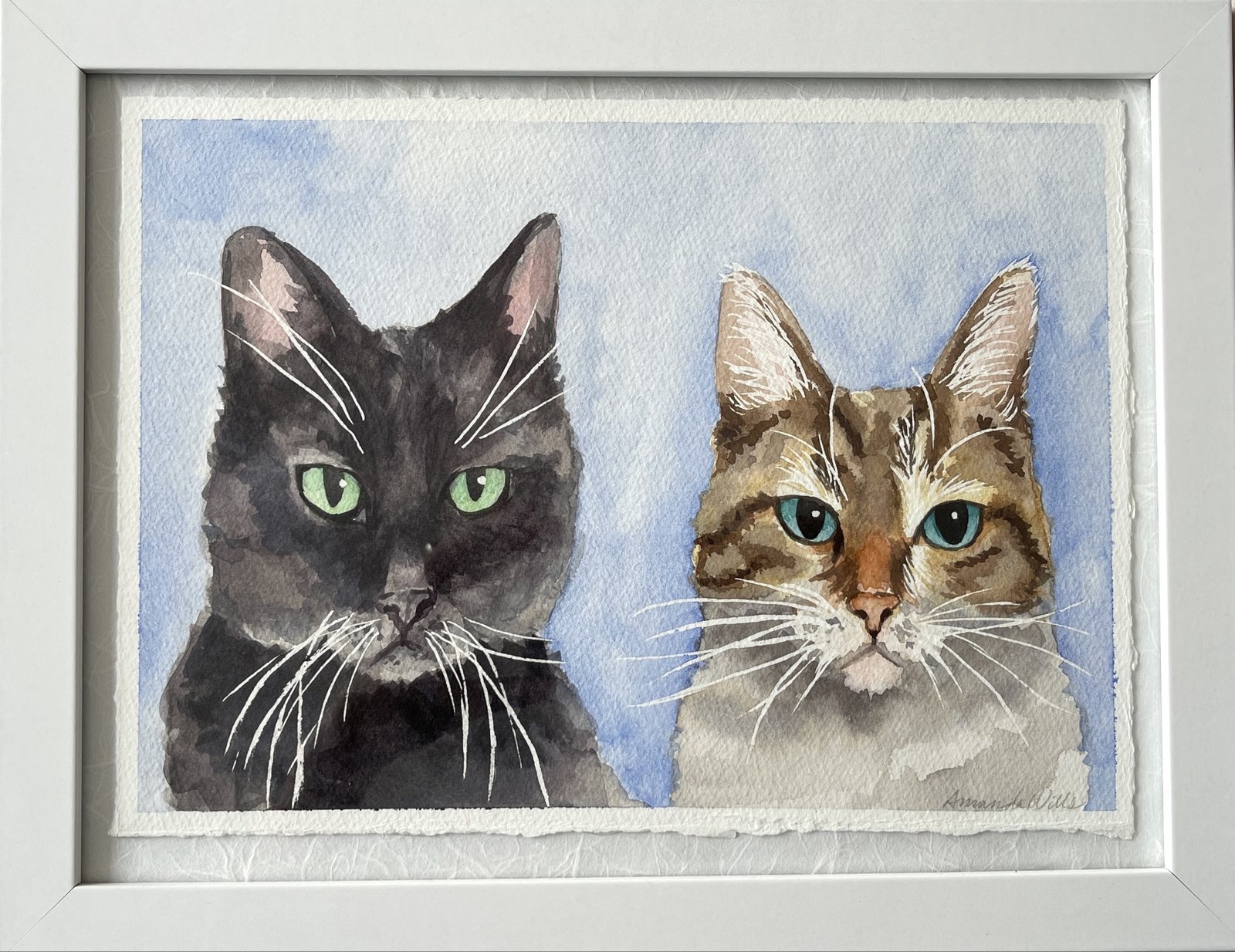 Watercolor portrait of our two cats, Damien the dark cat and Marley the tabby, against a soft blue wash.