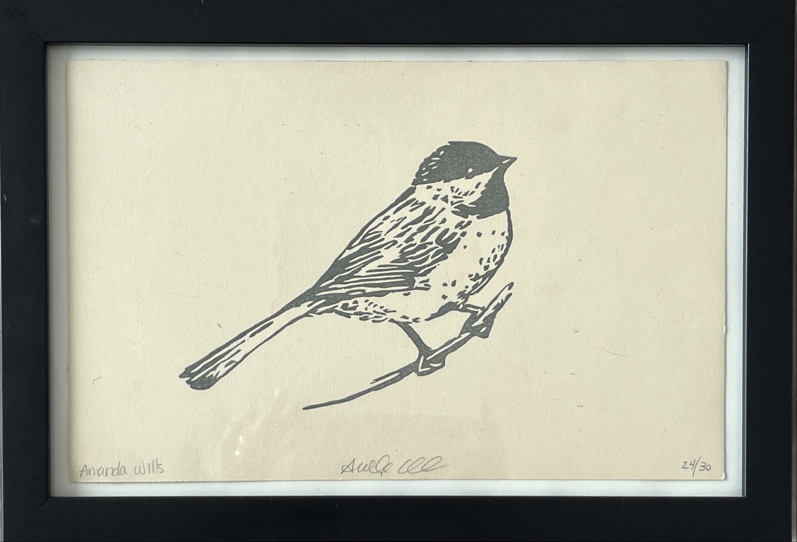 Block print of a chickadee perched on a branch, numbered 24 of 30.