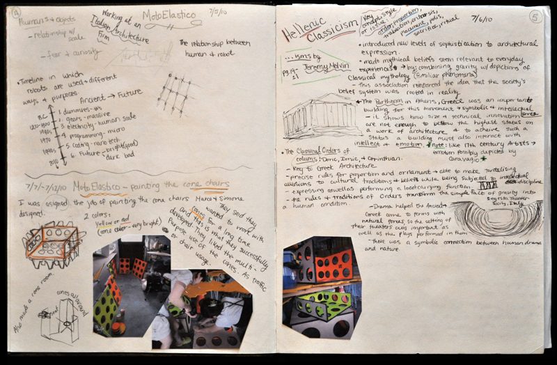 A spread from her notebook about her internship at only Italian architecture firm of MotoElastico in Seoul, Korea.