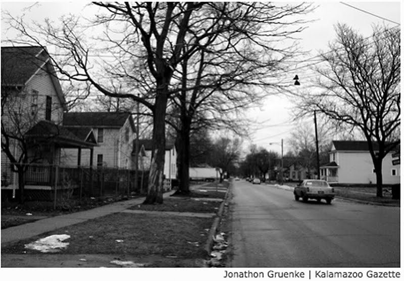 In February 2009, a group of teenagers on Frank Street beat a 49 year old man unconscious because he wandered into the wrong neighborhood...pictured here. Yes, those are tennis shoes hanging from the power lines...meaning you can buy drugs near by...nice.