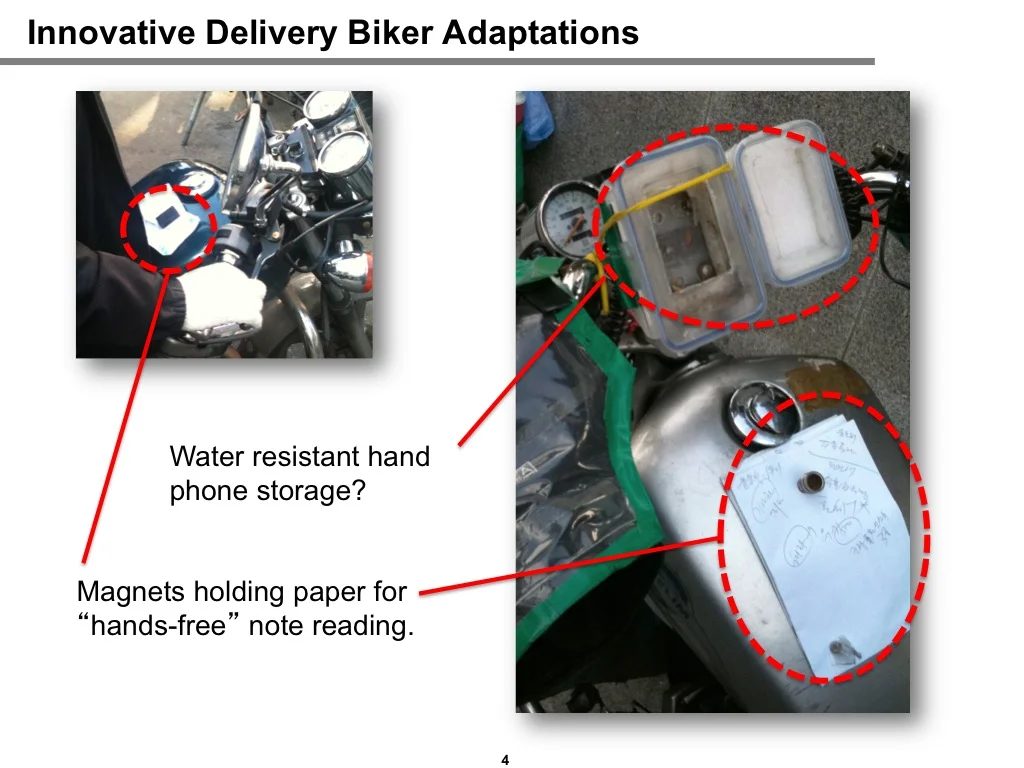 Field observation of delivery biker adaptations: water-resistant phone storage mounted on handlebars and magnets holding a paper note for hands-free reading, illustrating how users invent workarounds when designed solutions don't exist.