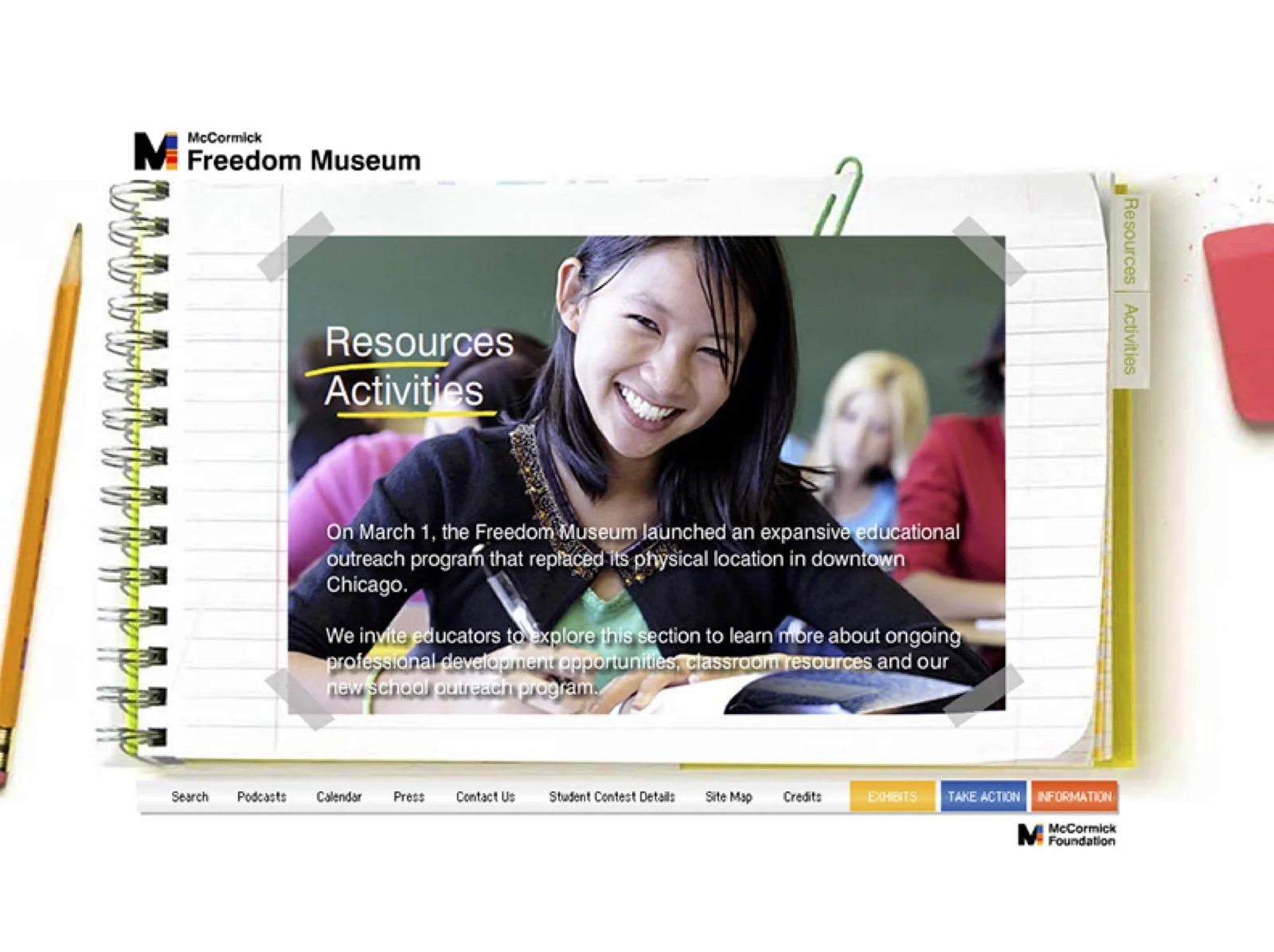 McCormick Tribune Freedom Museum website: Resources and Activities section with an educational outreach banner, showing how the site continued serving students after the museum's physical location closed.